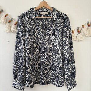 Loft Black White Paisley Blouson Sleeve Relaxed Top Peasant Feminine Careerwear